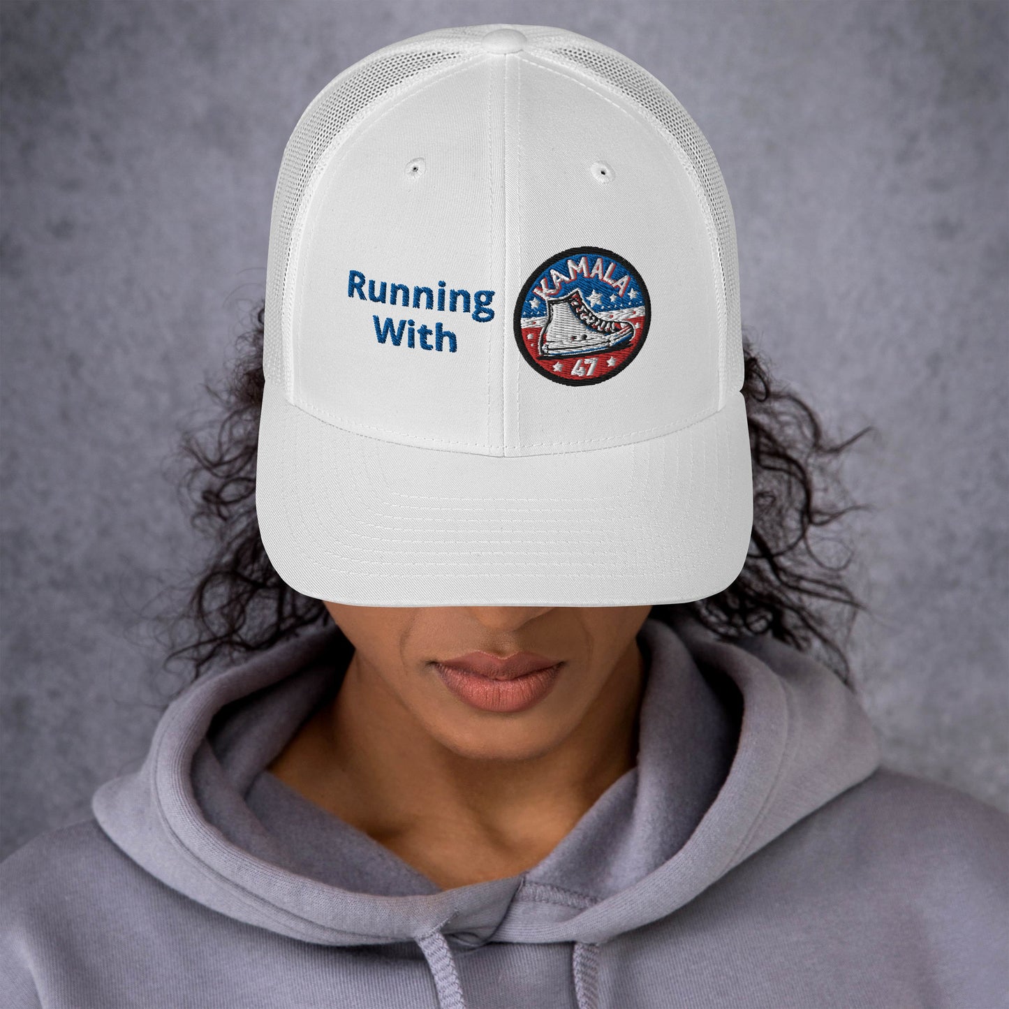 "Running with Kamala (White) Trucker Kamala Harris Cap