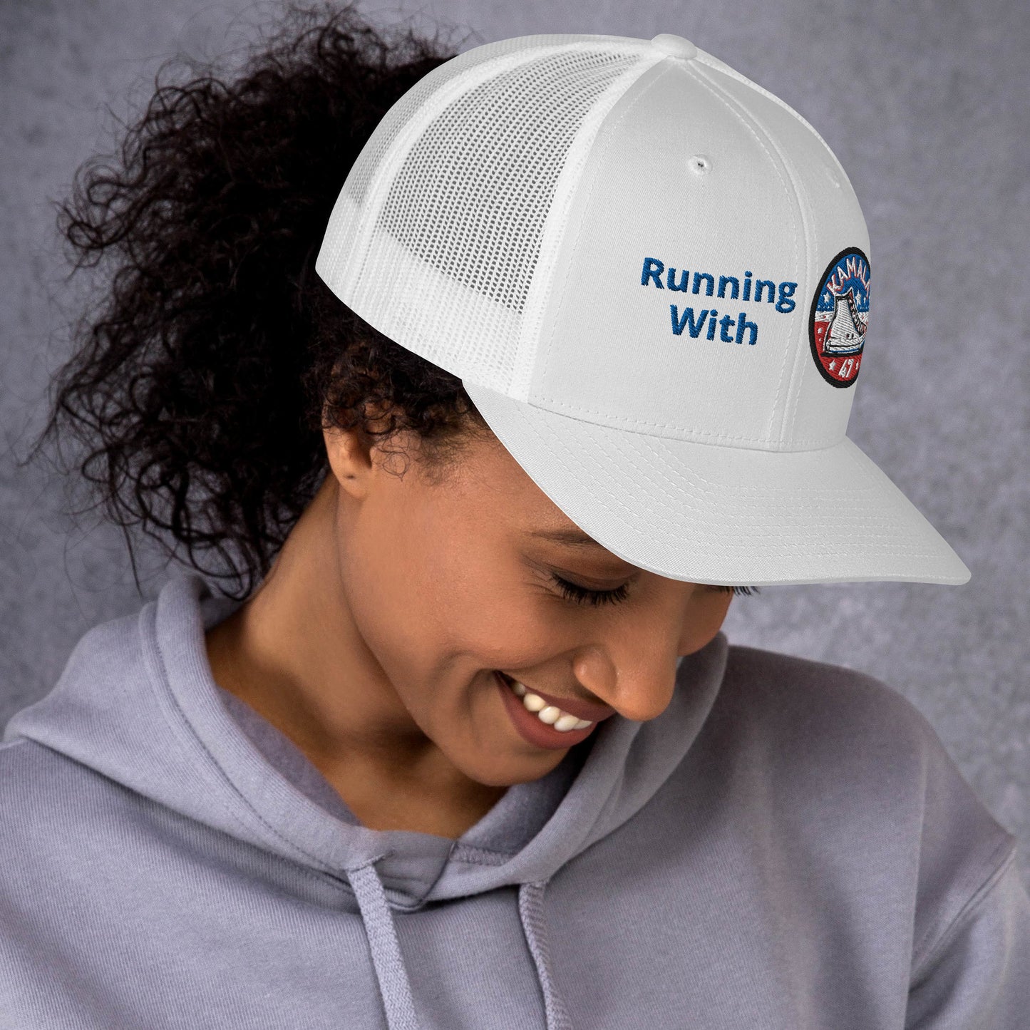 "Running with Kamala (White) Trucker Kamala Harris Cap